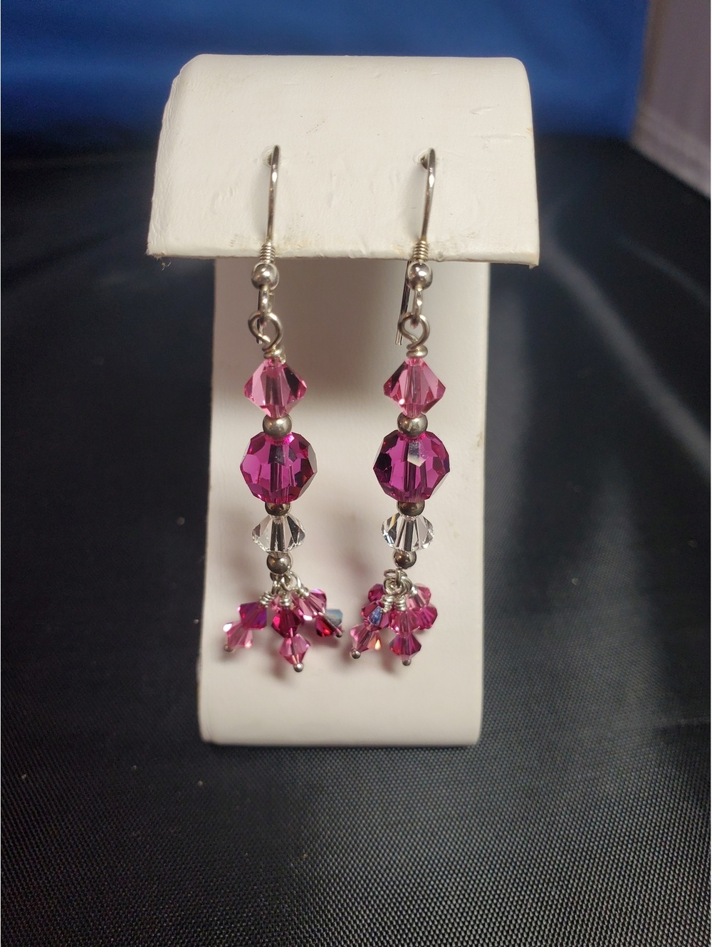 Fuchsia Pink Swarovski Crystal Cluster Dangle Earrings 925 Sterling Silver